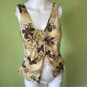 VTG Y2K BROWN BLACK FLORAL PRINT TIE FRONT TANK TOP SIZE MEDIUM RAVER TRENDY